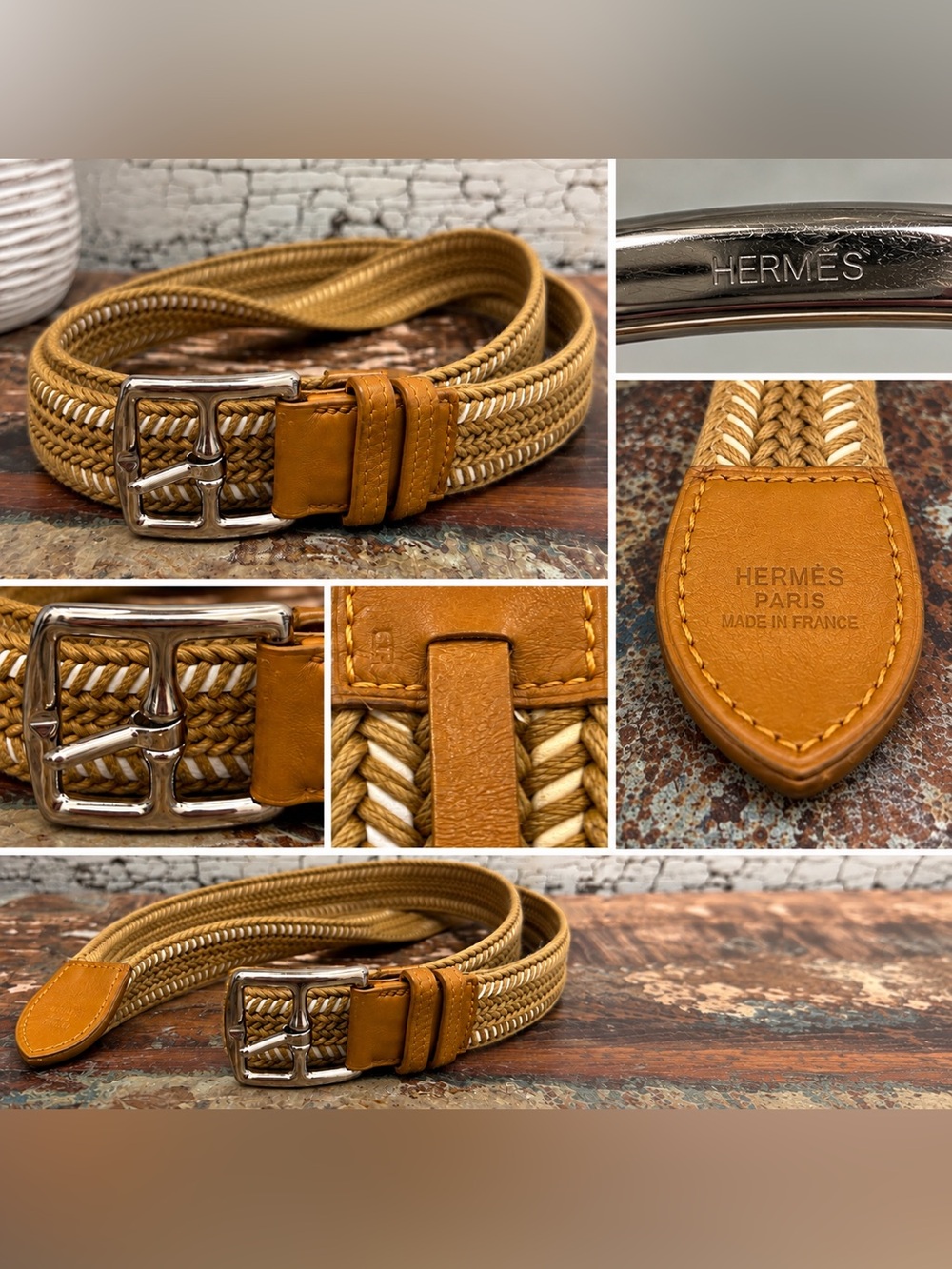 Hermès Canvas Etriviere Braided Straw Belt with Tan Leather Trim & H Buckle POP